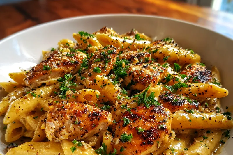 A step-by-step cooking process of Creamy Cowboy Chicken Pasta showing the rich sauce and tender chicken.