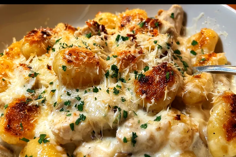 Creamy crack chicken gnocchi cooking in a large skillet with steam rising, showing the melted cheese and bacon pieces throughout the dish
