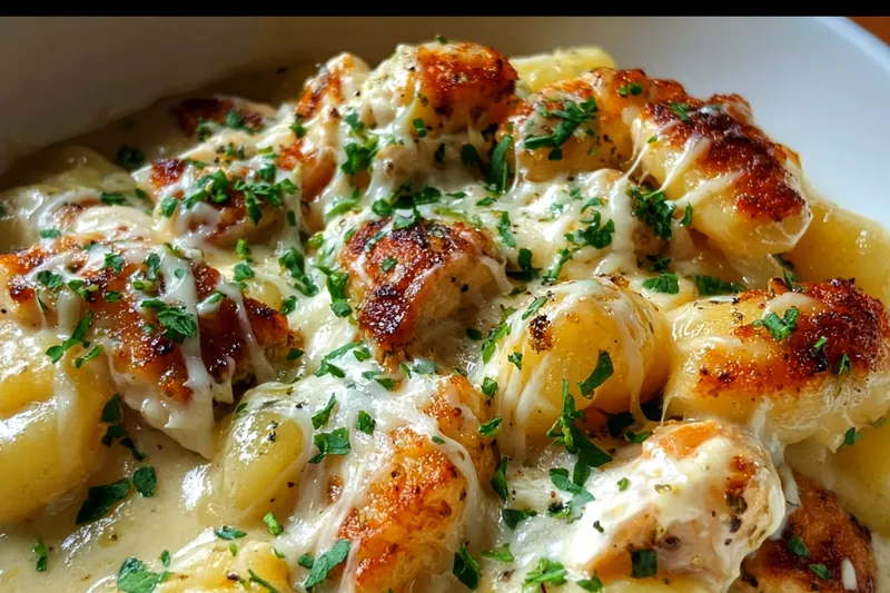 Fresh ingredients for crack chicken gnocchi including raw chicken, bacon, gnocchi, ranch seasoning, and various cheeses arranged on a wooden cutting board