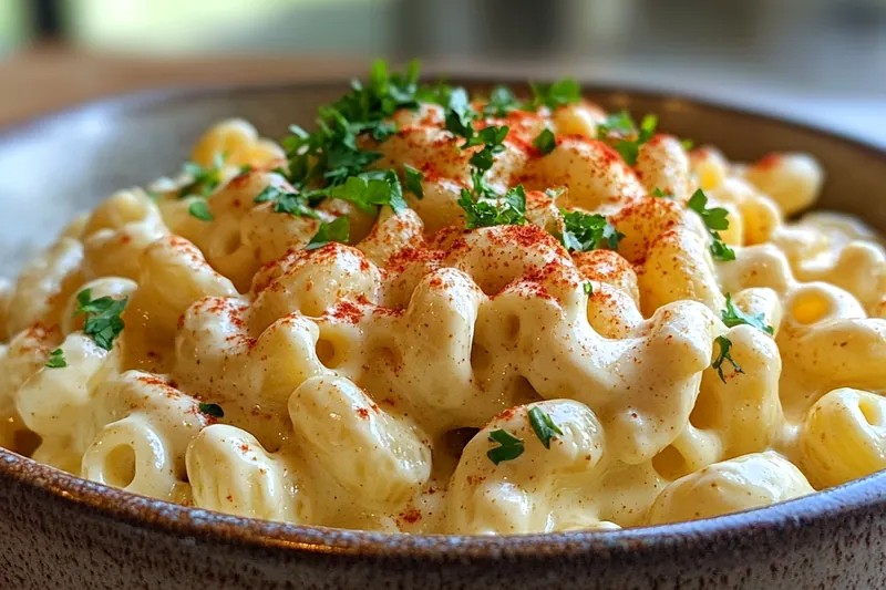 An array of fresh ingredients for Classic Creamy Macaroni Salad, including pasta, vegetables, and dressing.