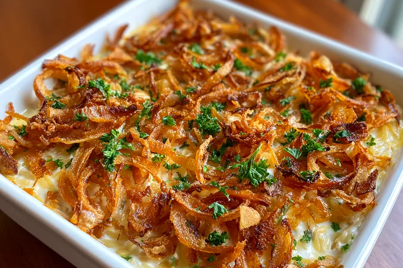 A step-by-step photo collage showing the preparation and cooking of Creamy French Onion Orzo Bake.