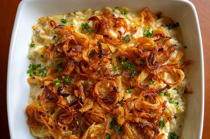 A beautifully arranged setup of the ingredients for Creamy French Onion Orzo Bake on a wooden countertop.
