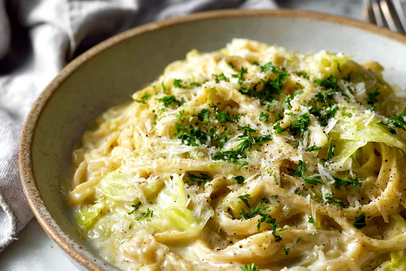 Cooking the creamy garlic alfredo sauce with cabbage