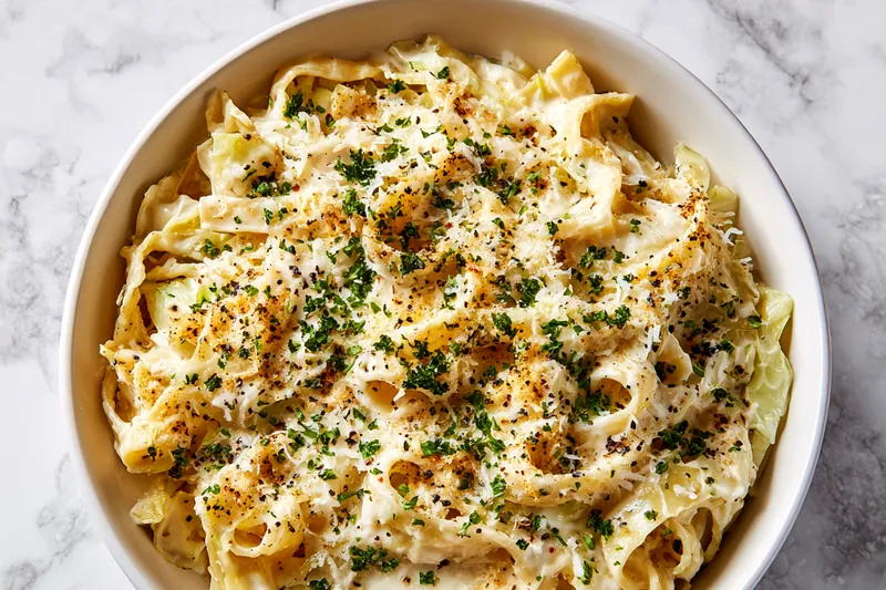 Fresh ingredients for creamy garlic alfredo and cabbage dish