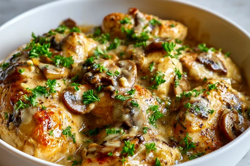 Golden brown chicken breast being seared in a stainless steel skillet with caramelized mushrooms and creamy garlic sauce bubbling around it