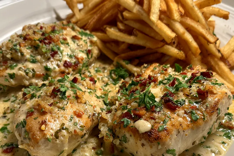 A chef sautéing garlic in a skillet, preparing for the Creamy Garlic Parmesan Chicken sauce.