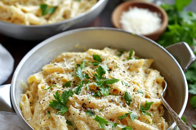 Close-up of creamy garlic Parmesan sauce simmering in a stainless steel skillet with a wooden spoon, showing the sauce's silky texture and flecks of garlic