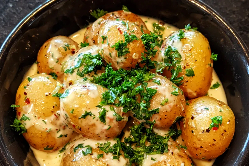 Ingredients for creamy garlic baby potatoes laid out on a countertop.