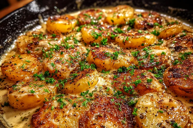 Cooking process of Garlic Cream Potatoes, showcasing creamy mashed potatoes being stirred.