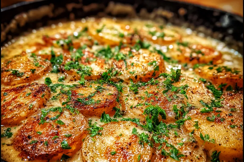 A collection of ingredients for Garlic Cream Potatoes, including potatoes, garlic, and cream.