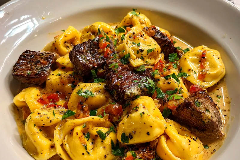 Chef stirring the creamy sauce in a skillet filled with pasta and fresh herbs.