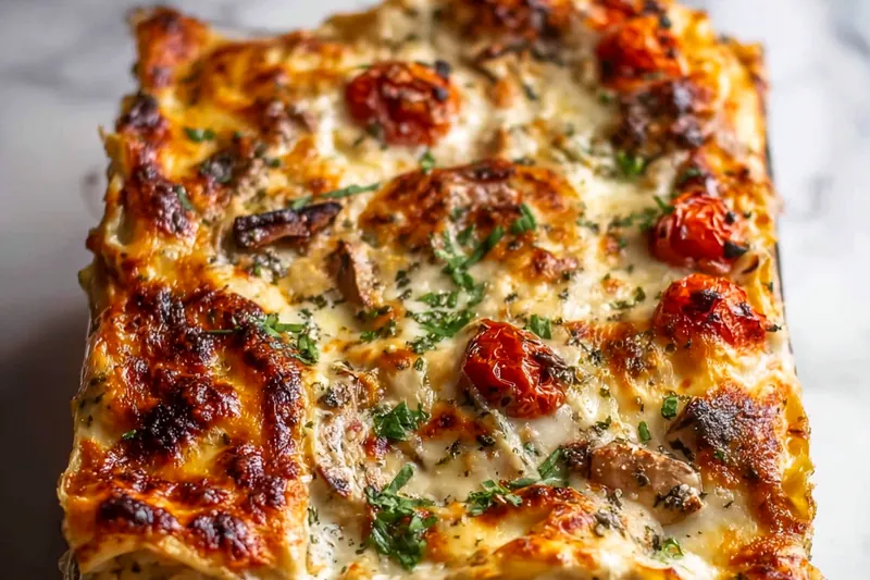 Side view of mushroom lasagna being assembled in a glass baking dish showing layers of pasta, creamy sauce, and mushrooms being added