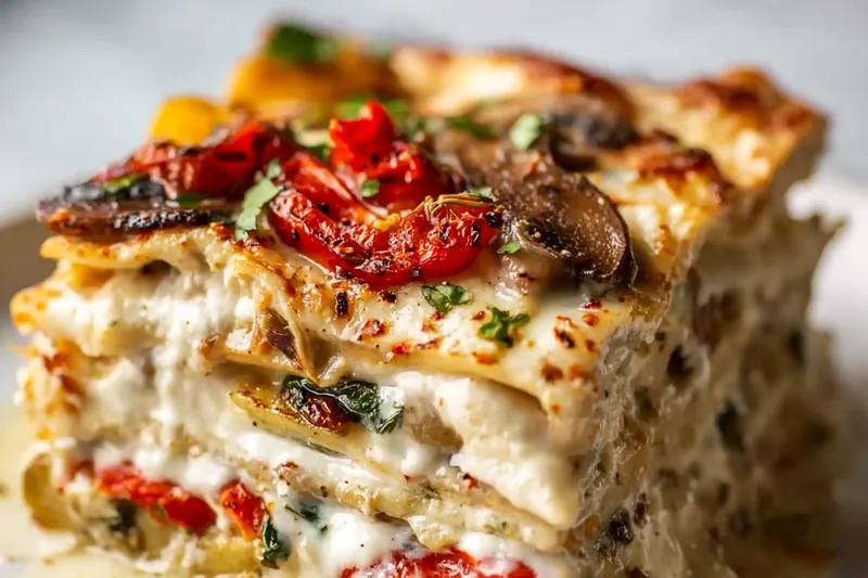 Flat lay of all ingredients for mushroom lasagna including stacked lasagna noodles, fresh mushrooms, cream, butter, cheese blocks, herbs, garlic, and cherry tomatoes arranged on a white surface