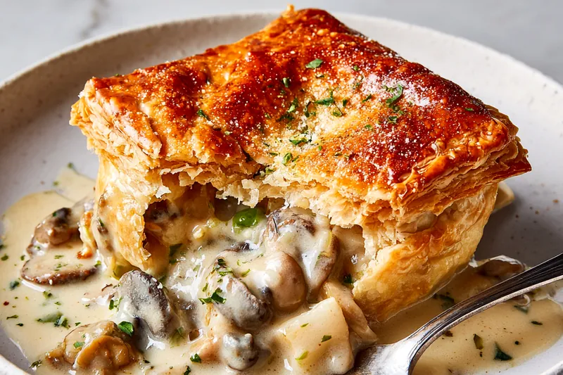 Skillet with golden-brown mushrooms being stirred, cream being poured in to create a rich sauce, steam rising