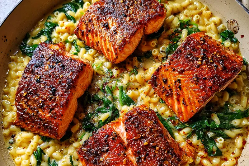Cooking process for Creamy Pan-Seared Salmon Orzo with Spinach