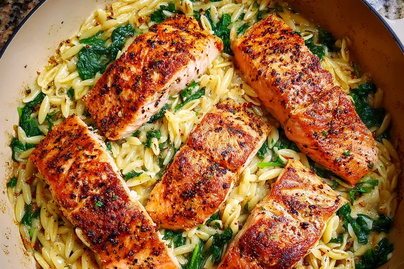 Fresh ingredients for Creamy Pan-Seared Salmon Orzo with Spinach