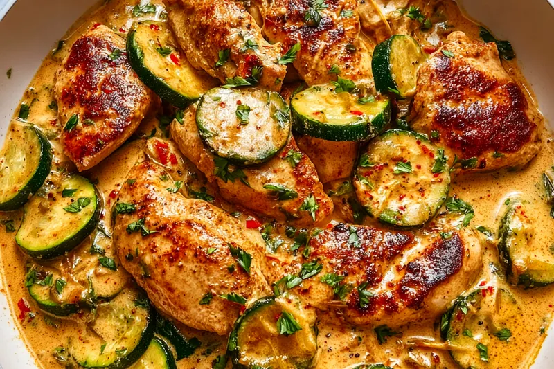 Chicken and zucchini sizzling in creamy paprika sauce in a large skillet, showing the rich reddish cream color and tender vegetables