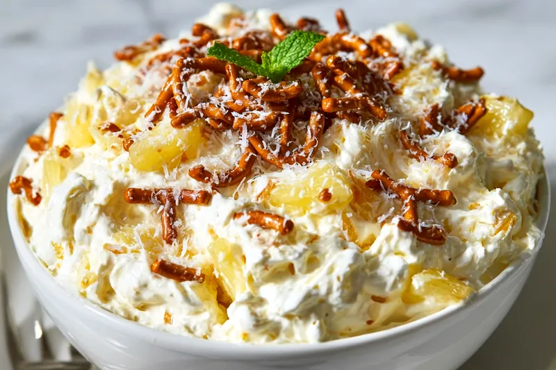 Close-up side view of a clear glass mixing bowl showing layers of fluffy white whipped cream being gently folded into cream cheese mixture with a silicone spatula, with crushed pineapple and mini marshmallows visible, natural window lighting creating soft shadows