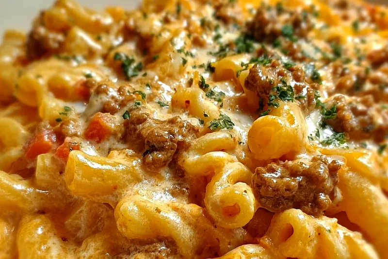 Ground beef and pasta cooking in a large pot with creamy sauce being stirred in, melted cheese visible throughout