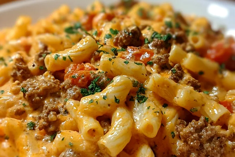 Raw ground beef, penne pasta, Rotel tomatoes can, heavy cream, shredded cheese, and spices arranged on a kitchen counter