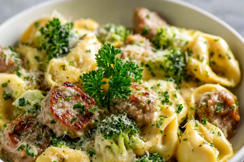 Action shot of a large stainless steel skillet on a stovetop with golden-brown sausage crumbles sizzling, bright green broccoli being stirred in with a wooden spoon, and tortellini pasta being added, with steam rising from the pan