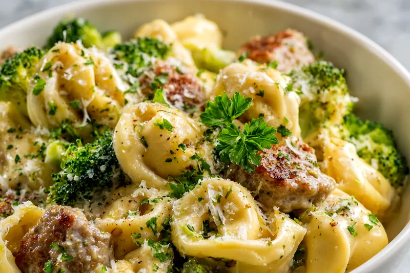 Overhead flat lay of fresh ingredients on a white marble surface: Italian sausage links, bright green broccoli florets, dried tortellini pasta, container of heavy cream, fresh garlic cloves, wedge of Parmesan cheese with grater, and small bowls of seasonings