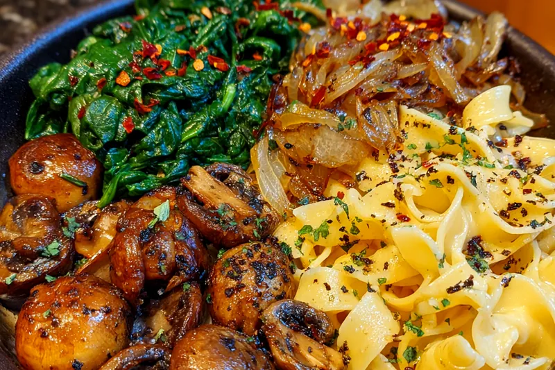 Fresh ingredients for Creamy Spinach Mushroom Pasta