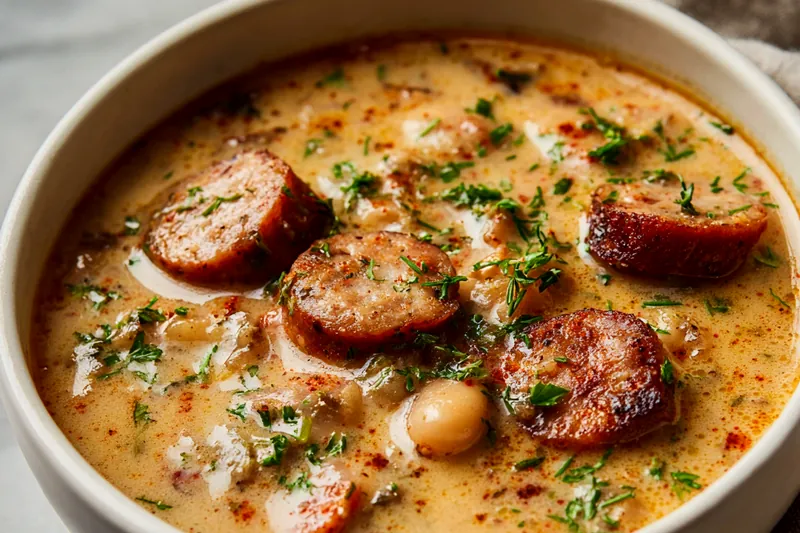 Mid-cooking shot of browned Italian sausage pieces sizzling in a large stainless steel pot with golden-brown fond visible on the bottom, photographed from a 45-degree angle showing steam rising and a wooden spoon resting on the side