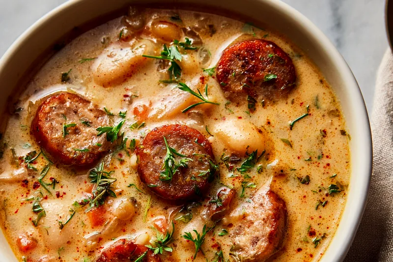 Overhead flat lay of all ingredients for Tuscan sausage soup neatly arranged on a white marble counter: raw Italian sausage links, opened cans of white beans, fresh spinach leaves in a wooden bowl, heavy cream in a glass measuring cup, Parmesan cheese block with grater, fresh thyme sprigs, garlic cloves, and a yellow onion