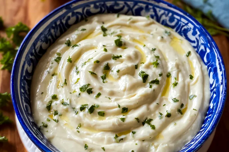 Food processor in action showing the gradual transformation of minced garlic into fluffy white Lebanese garlic sauce during the emulsification process