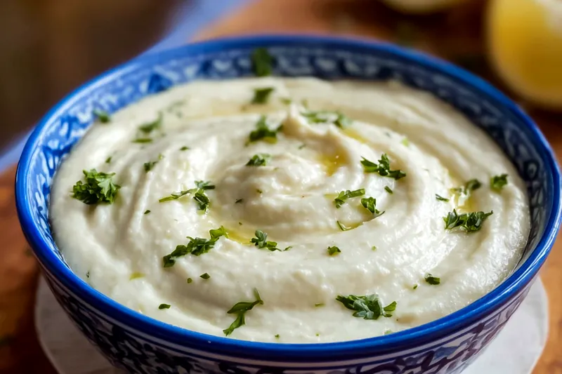Simple ingredients for Lebanese garlic sauce including peeled garlic cloves, coarse salt, neutral oil, fresh lemons, and ice water arranged on a marble surface