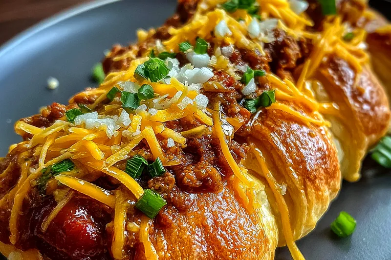 Ingredients for crescent roll chili dogs including tubes of crescent dough, hot dogs, chili, shredded cheese, and seasonings arranged on a kitchen counter