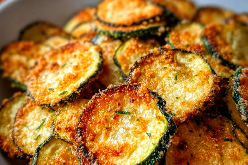 Zucchini slices arranged on parchment-lined baking sheets in the oven, showing the slow baking process that creates crispy chips