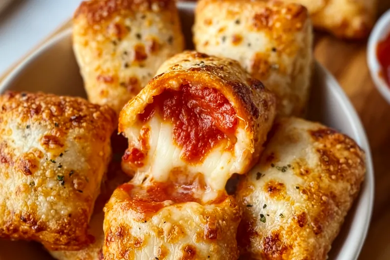 Golden brown air fryer pizza rolls cooking in an air fryer basket, showing the perfect crispy exterior and even browning