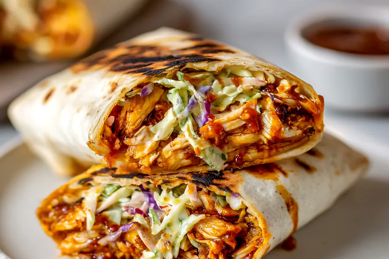 Overhead view of all ingredients laid out on a white countertop including shredded cooked chicken in a bowl, bottle of BBQ sauce, flour tortillas, bags of shredded cheese and coleslaw mix, small bowls of mayonnaise and spices, and a stick of butter