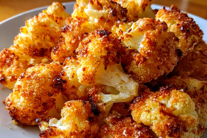 Cauliflower florets being tossed with olive oil and spices in a large mixing bowl, with a baking sheet lined with parchment paper in the background