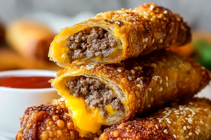 Action shot of cheeseburger egg rolls being lowered into bubbling oil in a wok with tongs, golden sesame-coated rolls visible, with a wire cooling rack holding already-fried golden brown egg rolls in the background