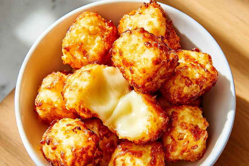 Golden-brown cheese bites frying in hot oil with bubbles around them, showing the perfect frying technique and color