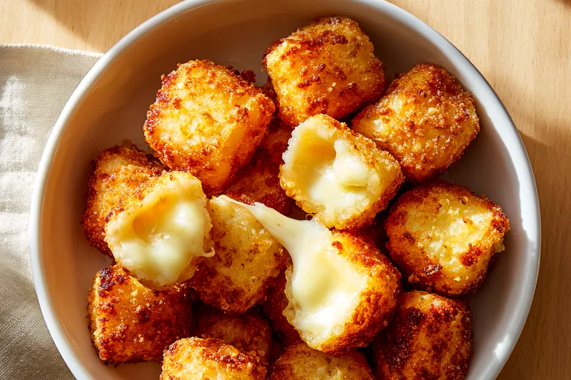 Cubed mozzarella cheese, panko breadcrumbs, grated Parmesan, eggs, flour, and Italian seasonings arranged on wooden cutting board