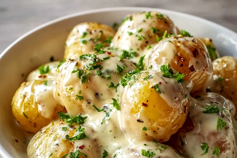 Action shot showing golden roasted potatoes being tossed with melted butter and grated parmesan cheese in a large white bowl, with visible steam rising and fresh parsley being sprinkled on top, kitchen tongs holding a potato