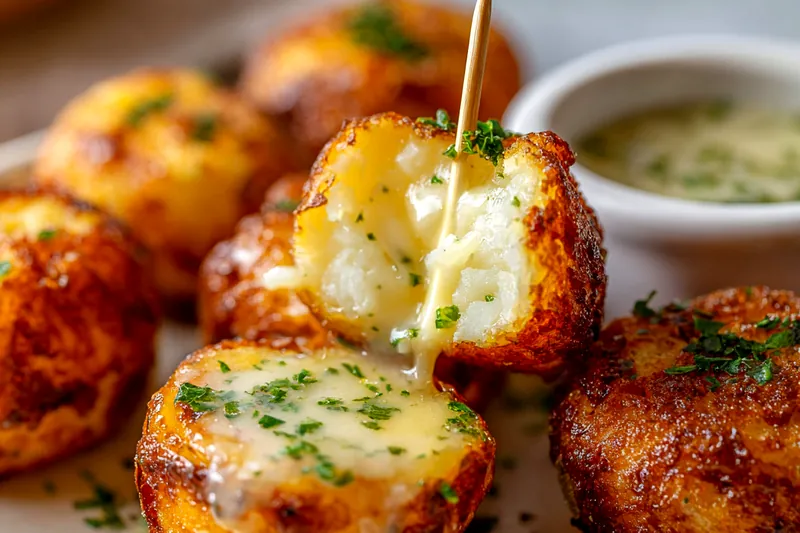 Overhead view of all ingredients for garlic potato pops arranged on a white marble surface: whole baby potatoes in a bowl, small dishes of minced garlic, melted butter, fresh parsley, olive oil, and various seasonings