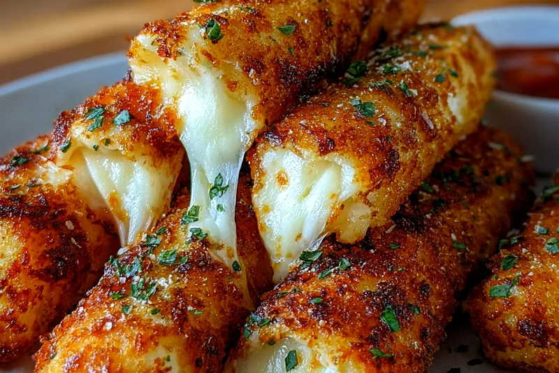 Mozzarella sticks being dipped in beaten eggs and coated with seasoned panko breadcrumbs, showing the double-breading technique