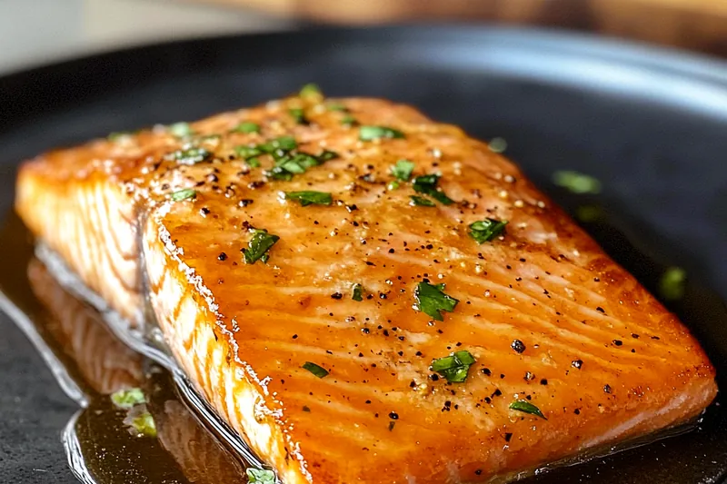 A vibrant display of fresh ingredients for Crispy Honey Garlic Salmon, including salmon fillets, garlic, and honey.