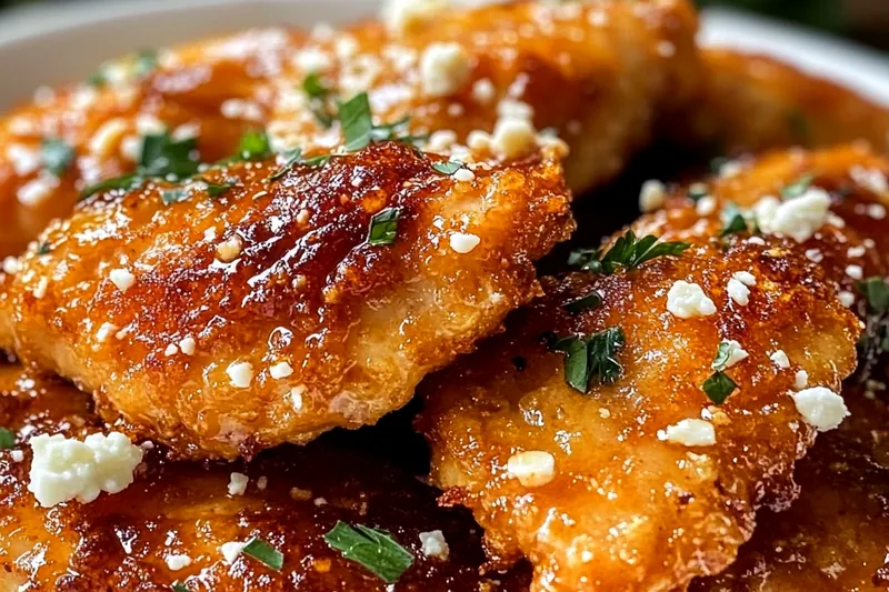 Golden crispy chicken pieces frying in oil showing perfect browning and bubbling oil around edges indicating proper temperature