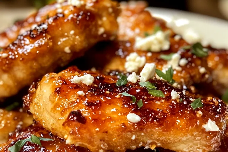 Fresh ingredients for hot honey feta chicken including raw chicken breasts, honey, hot sauce, feta cheese, and fresh herbs on wooden cutting board