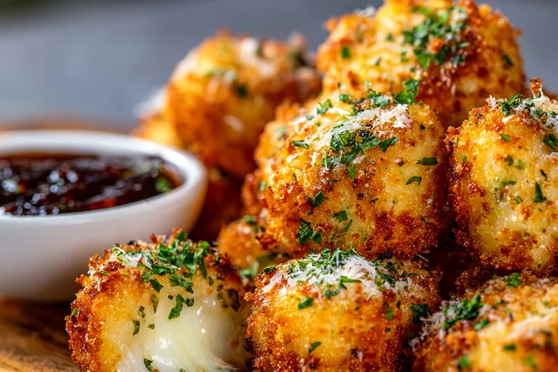 Close-up of golden brown mozzarella bites being lifted from hot oil with slotted spoon, showing crispy textured coating and bubbles in the oil, with more bites frying in background