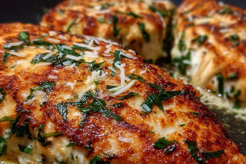 Fresh ingredients for herb-crusted chicken including raw chicken breasts, grated cheeses, fresh herbs, garlic, and breadcrumbs arranged on marble countertop
