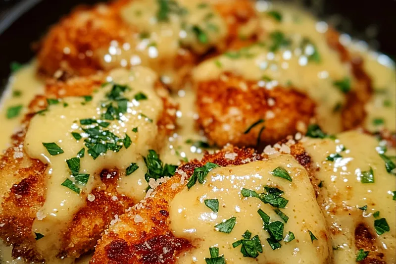 Golden-brown Parmesan-crusted chicken sizzling in a stainless steel skillet with bubbling garlic sauce being prepared
