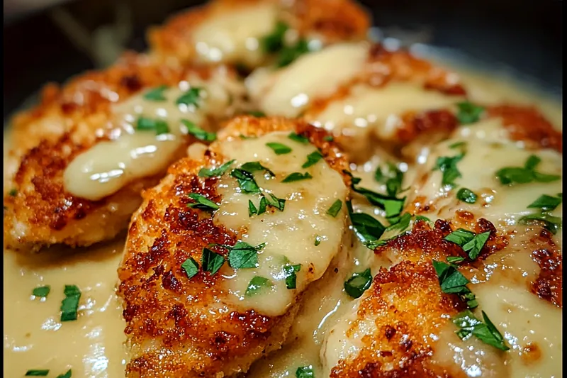 Raw chicken breasts, grated Parmesan cheese, panko breadcrumbs, eggs, garlic, and cream arranged on a marble cutting board