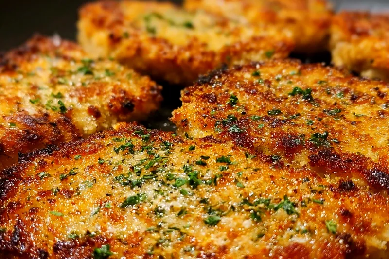 Parmesan crusted pork chops sizzling in a cast iron skillet with golden-brown crust forming, showing the perfect searing technique